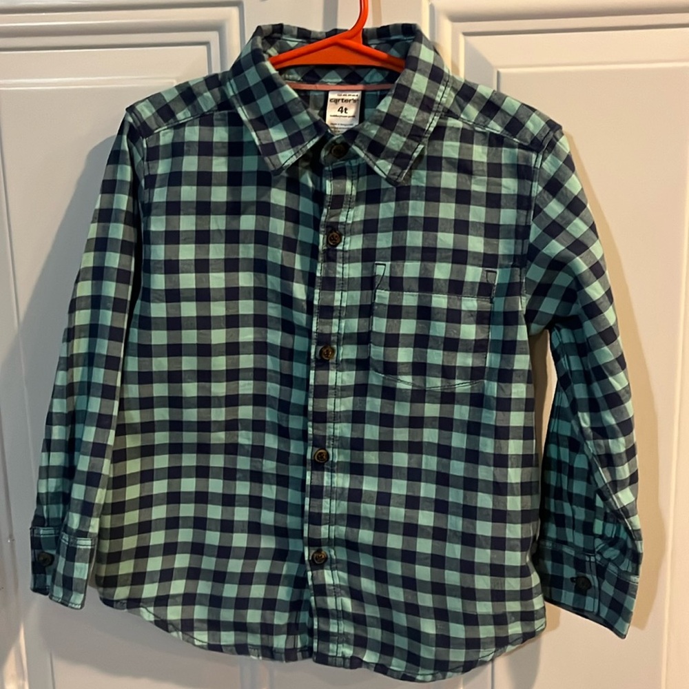 Carters kids teal/navy blue plaid button down